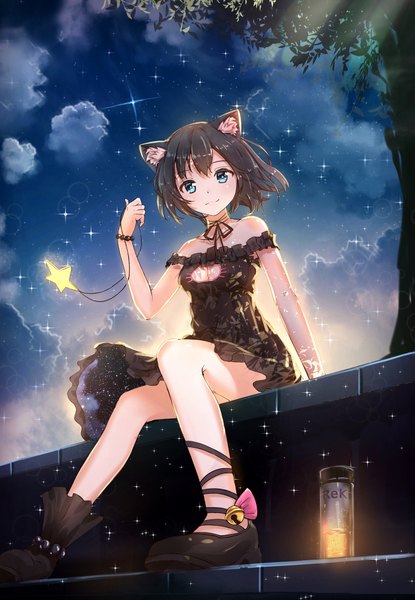 Anime picture 1299x1875 with original byakuya reki single tall image looking at viewer blush fringe short hair breasts blue eyes black hair smile sitting bare shoulders holding signed animal ears payot cloud (clouds) full body