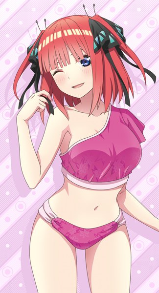 Anime picture 1284x2369 with go-toubun no hanayome nakano nino single tall image looking at viewer blush fringe short hair breasts open mouth blue eyes light erotic simple background standing red hair blunt bangs one eye closed arm up wink official art