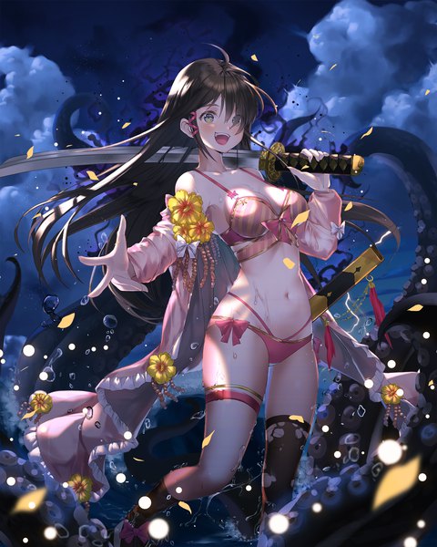 Anime picture 1500x1873 with original kinty single long hair tall image blush fringe breasts open mouth light erotic black hair cloud (clouds) ahoge aqua eyes hair over one eye night wet night sky torn clothes outstretched arm