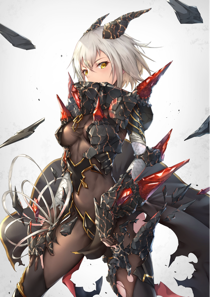 Anime picture 729x1032 with original yue ying jin feng single tall image looking at viewer fringe short hair light erotic hair between eyes standing yellow eyes silver hair horn (horns) torn clothes covered mouth girl armor chain bodysuit bikini armor