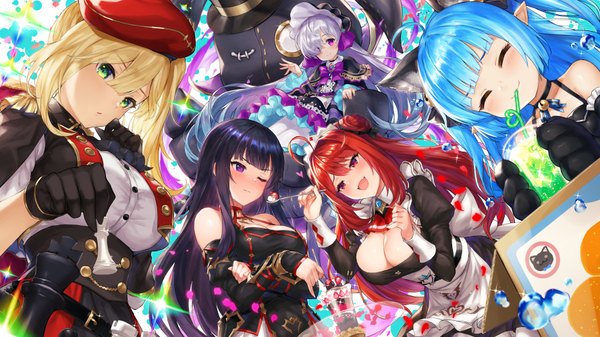 Anime picture 1778x1000 with king's raid erze (king's raid) lilia (king's raid) lavril (king's raid) chrisha seria (king's raid) inayama long hair looking at viewer blush fringe highres breasts open mouth light erotic black hair blonde hair smile hair between eyes red eyes