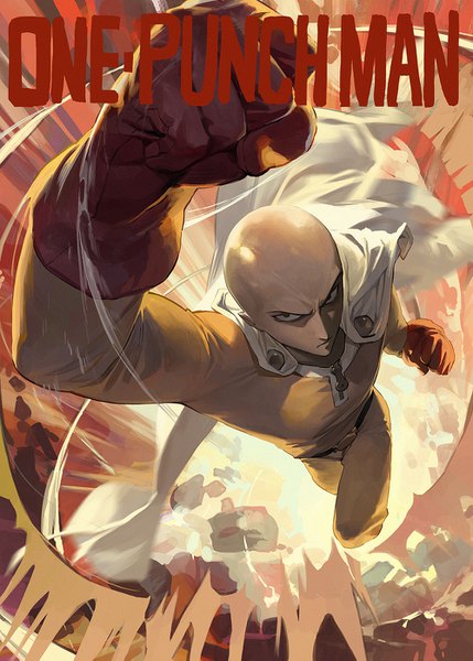 Anime picture 1000x1397 with one-punch man madhouse saitama (one-punch man) modare tall image from above black eyes copyright name looking up serious bald superhero punch boy gloves belt cape bodysuit fist red gloves