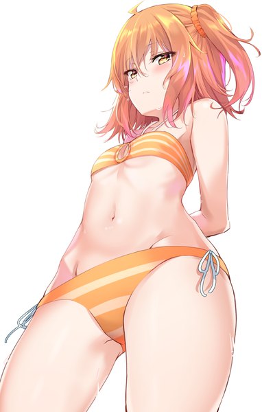 Anime picture 2266x3561 with fate (series) fate/grand order fujimaru ritsuka (female) nyung single tall image looking at viewer blush fringe highres short hair breasts light erotic hair between eyes standing yellow eyes ahoge orange hair from below one side up
