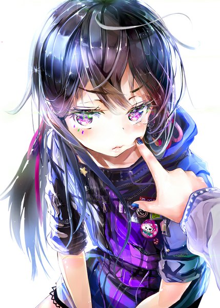 Anime picture 572x800 with original keepout single long hair tall image looking at viewer blush fringe black hair simple background white background sitting purple eyes nail polish fingernails from above lips shiny skin facial mark finger to mouth
