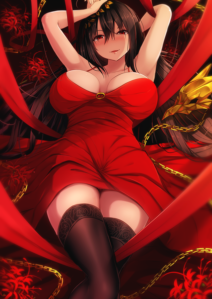 Anime picture 2508x3541 with azur lane taihou (azur lane) taihou (forbidden feast) (azur lane) nicoby single long hair tall image looking at viewer blush fringe highres breasts open mouth light erotic black hair smile hair between eyes red eyes large breasts cleavage