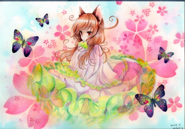 Anime picture 1500x1048 with original mosho single long hair red eyes brown hair signed animal ears ahoge finger to mouth traditional media watercolor (medium) girl dress flower (flowers) insect butterfly