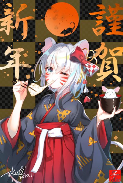 Anime picture 1378x2039 with original taku3949 single tall image short hair blue eyes signed animal ears silver hair tail traditional clothes japanese clothes animal tail one eye closed facial mark dated eating new year checkered checkered background