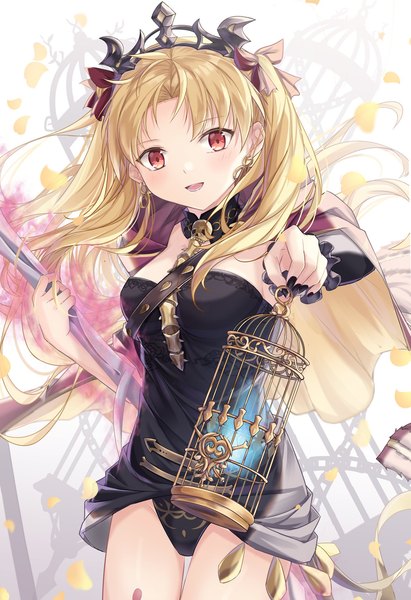 Anime picture 1402x2048 with fate (series) fate/grand order ereshkigal (fate) nattsu (nattu888 8) single long hair tall image looking at viewer blush fringe open mouth light erotic simple background blonde hair smile red eyes standing holding nail polish :d