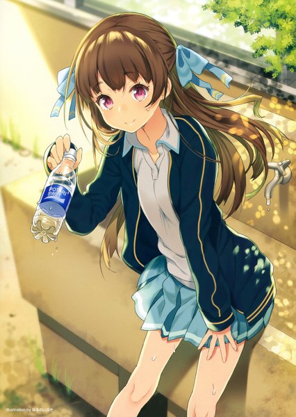 Anime picture 2780x3919 with original pocari sweat harunoibuki single long hair tall image looking at viewer highres smile brown hair purple eyes light smile girl skirt bow ribbon (ribbons) hair bow hair ribbon miniskirt water bottle