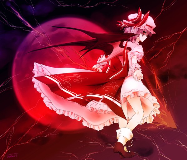 Anime picture 1202x1030 with touhou remilia scarlet awayuki tobari single short hair red eyes purple hair lightning red moon girl dress weapon wings