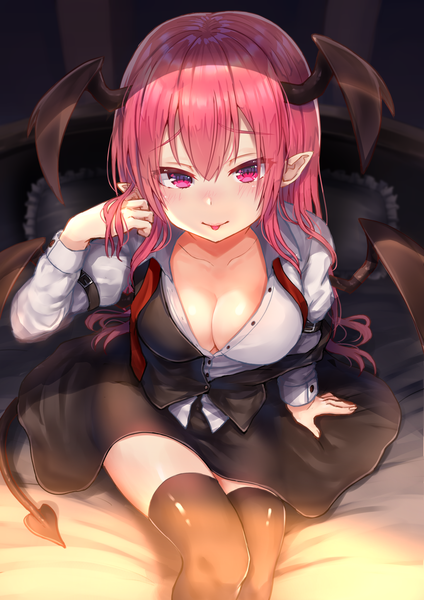 Anime picture 1447x2047 with touhou koakuma wowoguni single long hair tall image looking at viewer blush fringe breasts light erotic hair between eyes sitting payot pink hair cleavage tail long sleeves pink eyes pointy ears