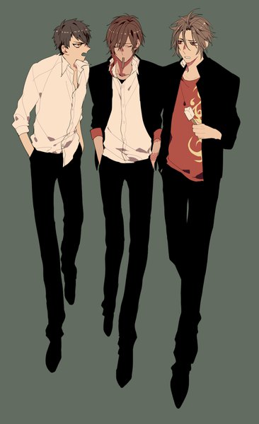 Anime picture 1100x1800 with touken ranbu nitroplus ookurikara doudanuki masakuni otegine syubare tall image short hair black hair simple background brown hair full body eyes closed profile multiple boys tattoo dark background open collar walking hands in pockets