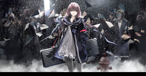 Anime picture 1920x1003 with original pixiv fantasia pixiv fantasia fallen kings lin+ looking at viewer highres short hair wide image signed pink hair pink eyes wind inscription depth of field snowing winter hand in pocket girl dress paper