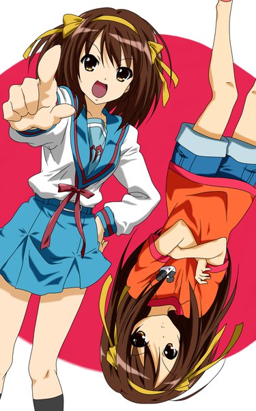 Anime picture 1200x1920 with suzumiya haruhi no yuutsu kyoto animation suzumiya haruhi chakki long hair tall image looking at viewer open mouth simple background smile brown hair brown eyes long sleeves hand on hip crossed arms multiview pointing at viewer derivative work girl skirt
