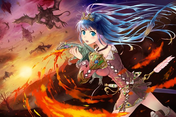 Anime picture 1500x1000 with original kamome yuu long hair blush blue eyes blue hair flying bare tree demon girl sword armor jewelry fire tiara sun dragon