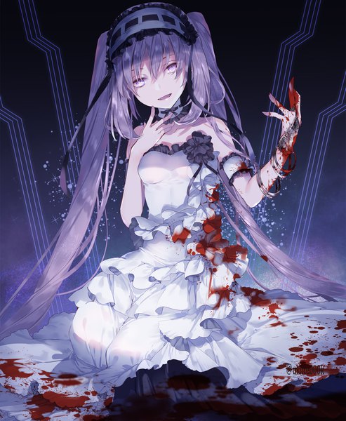 Anime picture 1500x1826 with fate (series) fate/hollow ataraxia stheno yuuki kira single long hair tall image looking at viewer fringe breasts open mouth smile hair between eyes sitting purple eyes twintails bare shoulders signed payot purple hair