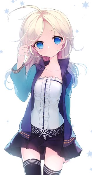 Anime picture 500x950 with original name (oiuio) single long hair tall image looking at viewer blush blue eyes simple background blonde hair standing white background ahoge long sleeves head tilt pleated skirt open jacket :o zettai ryouiki adjusting hair