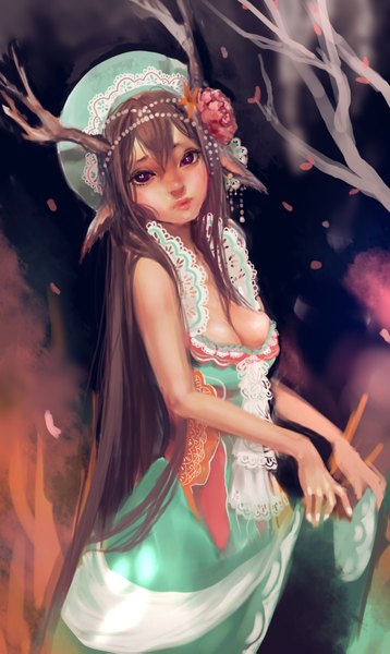 Anime picture 1132x1895 with original genki-de single long hair tall image looking at viewer breasts brown hair purple eyes lips sad girl dress plant (plants) petals tree (trees) headdress