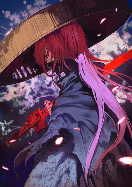 Anime picture 992x1400 with fate (series) fate/grand order okada izou (fate) lack single long hair tall image looking at viewer red eyes standing holding upper body outdoors ponytail red hair profile boy gloves weapon petals