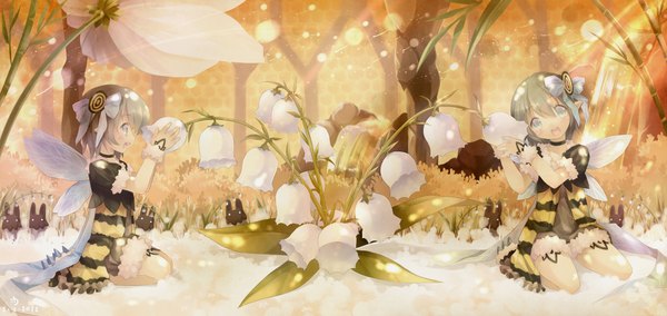Anime picture 1900x900 with original ninjinshiru highres short hair open mouth smile wide image sitting multiple girls profile light smile pointy ears grey hair sunlight grey eyes kneeling striped girl flower (flowers) bow