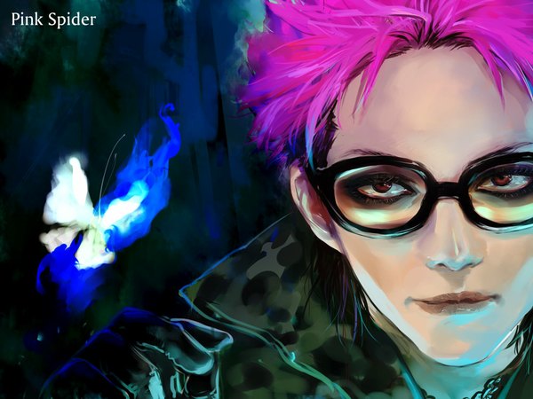 Anime picture 1000x750 with 830 (hamio) single short hair red eyes pink hair inscription close-up face boy gloves glasses insect butterfly chain hand