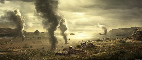 Anime picture 1600x681 with original djahal (artist) wide image evening sunset smoke landscape battle destruction panorama war water sea watercraft ship