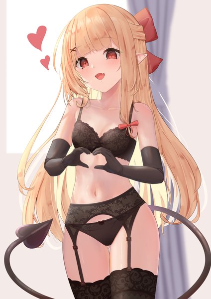 Anime picture 2481x3508 with original harutaruouob single long hair tall image looking at viewer blush fringe highres open mouth light erotic blonde hair red eyes standing indoors tail blunt bangs :d pointy ears fang (fangs)