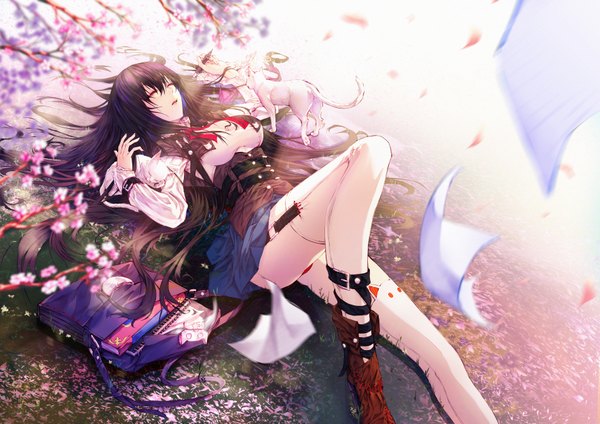 Anime picture 3535x2500 with original roon single long hair fringe highres breasts open mouth light erotic hair between eyes holding absurdres purple hair outdoors lying eyes closed wind blurry on back dutch angle