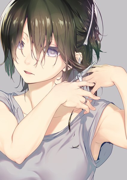 Anime picture 800x1132 with original nilitsu single tall image looking at viewer fringe short hair open mouth simple background hair between eyes brown hair purple eyes grey background armpit (armpits) hairdressing cutting hair girl shirt hairclip scissors