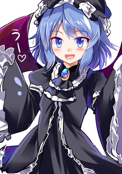 Anime picture 845x1200 with touhou remilia scarlet e.o. single tall image blush fringe short hair open mouth blue eyes simple background standing white background payot blue hair looking away upper body :d wide sleeves fang (fangs)
