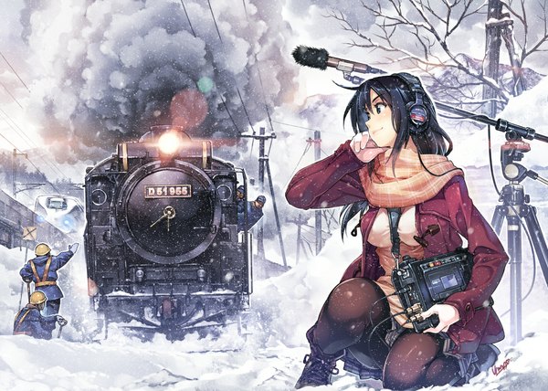 Anime picture 1134x810 with original vania600 blue eyes black hair smile kneeling snowing winter smoke snow between breasts girl skirt plant (plants) miniskirt pantyhose tree (trees) headphones scarf microphone