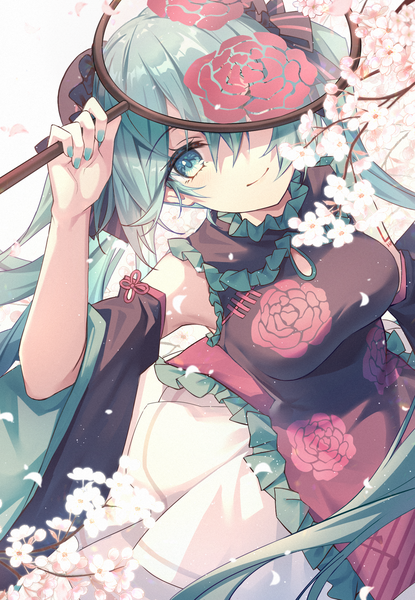 Anime picture 1000x1446 with vocaloid hatsune miku zhong chai single long hair tall image looking at viewer fringe smile hair between eyes twintails nail polish traditional clothes aqua eyes from above aqua hair cherry blossoms chinese clothes covering eye (eyes) aqua nail polish