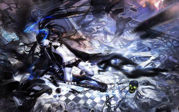 Anime picture 1280x800 with black rock shooter black rock shooter (character) long hair blue eyes black hair wide image twintails midriff glowing glowing eye (eyes) checkered floor checkered checkered background destruction girl navel shorts chain cloak bikini top