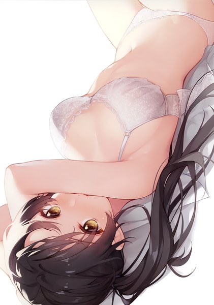 Anime picture 2478x3528 with original senji (tegone spike) single long hair tall image looking at viewer blush fringe highres breasts light erotic black hair simple background white background yellow eyes lying scan on back underwear only upside down