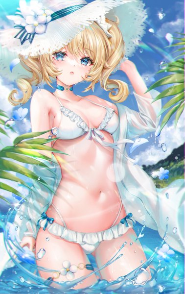 Anime picture 1636x2600 with genshin impact barbara (genshin impact) ju you mio single long hair tall image looking at viewer fringe breasts open mouth blue eyes light erotic blonde hair hair between eyes standing twintails sky cloud (clouds) outdoors arm up