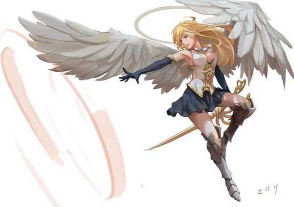 Anime picture 1528x1080 with original z.h.y single long hair breasts blonde hair red eyes bare shoulders looking away outstretched arm angel wings white wings girl gloves weapon sword wings black gloves elbow gloves boots