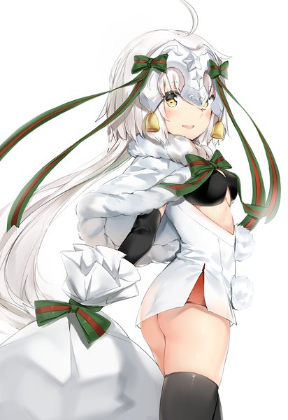 Anime picture 1100x1600 with fate (series) fate/grand order jeanne d'arc (fate) (all) jeanne d'arc alter santa lily (fate) silver (chenwen) single long hair tall image looking at viewer blush light erotic simple background white background yellow eyes ahoge ass white hair looking back girl thighhighs