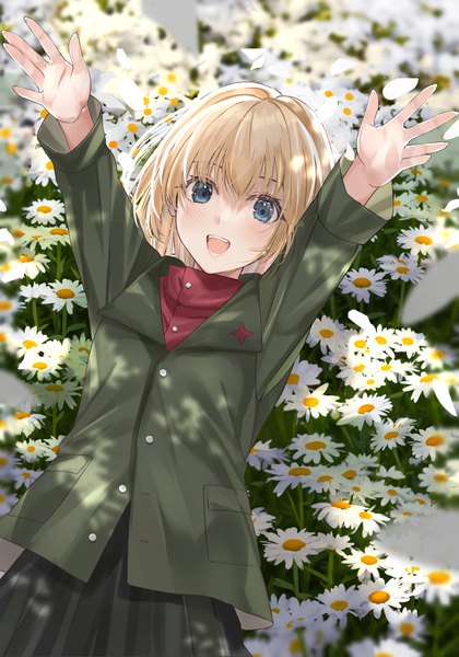 Anime picture 1400x2000 with girls und panzer katyusha (girls und panzer) mexif single tall image looking at viewer blush short hair open mouth blue eyes blonde hair outdoors lying :d arms up on back girl uniform flower (flowers) military uniform