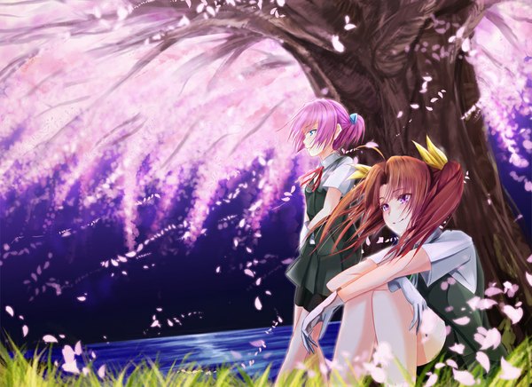 Anime picture 1050x764 with kantai collection shiranui destroyer kagerou destroyer hopper long hair blush short hair blue eyes brown hair standing sitting purple eyes twintails multiple girls pink hair ponytail profile wind night cherry blossoms