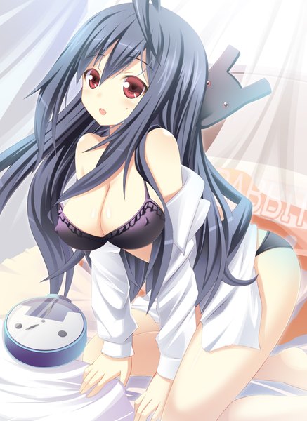 Anime picture 1200x1644 with original usagi nezumi single long hair tall image looking at viewer blush breasts open mouth light erotic black hair red eyes large breasts open clothes pantyshot open shirt girl clock alarm clock