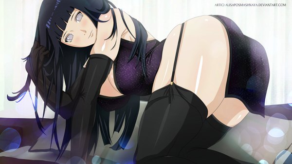 Anime picture 2666x1500 with naruto studio pierrot naruto (series) hyuuga hinata alisaposmashnaya single long hair looking at viewer fringe highres breasts light erotic black hair wide image large breasts bare shoulders signed payot cleavage bent knee (knees)