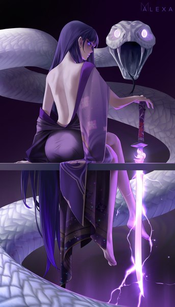 Anime picture 1170x2048 with genshin impact raiden shogun m alexa single long hair tall image looking at viewer fringe light erotic purple eyes signed purple hair full body profile looking back barefoot from behind off shoulder mole arm support
