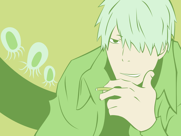 Anime picture 1600x1200 with mushishi ginko single fringe short hair green hair hair over one eye vector ghost green background boy cigarette