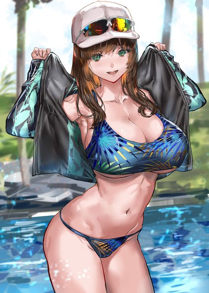 Anime picture 2139x3000 with original ranou single long hair tall image looking at viewer blush fringe highres breasts open mouth light erotic smile brown hair standing outdoors blunt bangs long sleeves :d aqua eyes