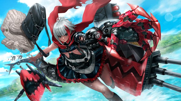 Anime picture 1778x1000 with azur lane admiral graf spee (azur lane) santa fung single looking at viewer fringe highres short hair breasts light erotic wide image payot sky silver hair cloud (clouds) outdoors blunt bangs multicolored hair two-tone hair streaked hair