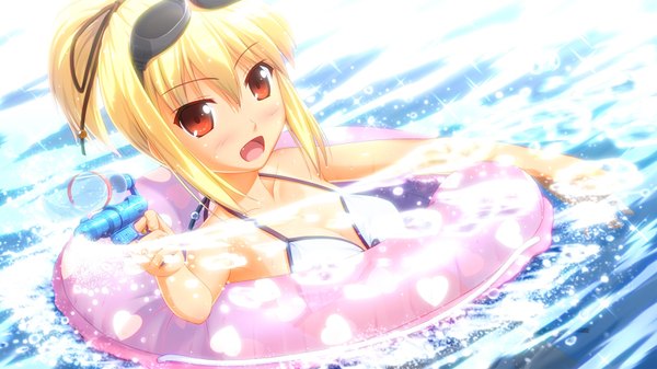 Anime picture 1600x900 with ogata (artist) single long hair blush open mouth light erotic blonde hair red eyes wide image bare shoulders afloat girl swimsuit bikini water swim ring water gun