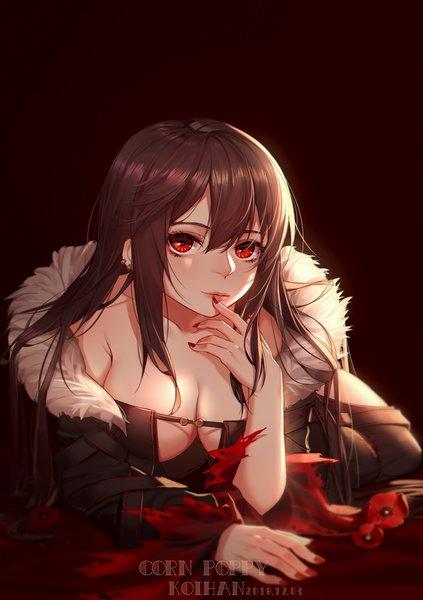 Anime picture 2885x4093 with fate (series) fate/grand order yu mei-ren (fate) koi han single long hair tall image looking at viewer blush fringe highres breasts light erotic simple background hair between eyes red eyes brown hair large breasts signed payot