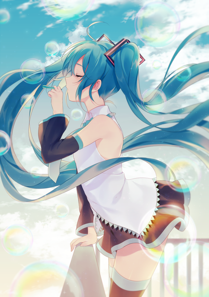 Anime picture 706x1000 with vocaloid hatsune miku achiki single tall image standing twintails bare shoulders sky cloud (clouds) ahoge eyes closed very long hair profile wind aqua hair arm support zettai ryouiki girl thighhighs