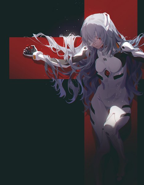 Anime picture 779x1000 with neon genesis evangelion rebuild of evangelion evangelion: 3.0+1.0 thrice upon a time gainax ayanami rei fajyobore single long hair tall image looking at viewer fringe simple background hair between eyes red eyes bent knee (knees) grey hair thigh gap dark background spread arms alternate hairstyle