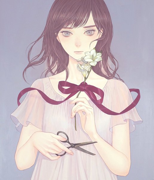 Anime picture 1274x1484 with original konno mayumi single long hair tall image blue eyes simple background brown hair fingernails realistic blue background expressionless girl flower (flowers) ribbon (ribbons) lily (flower) scissors